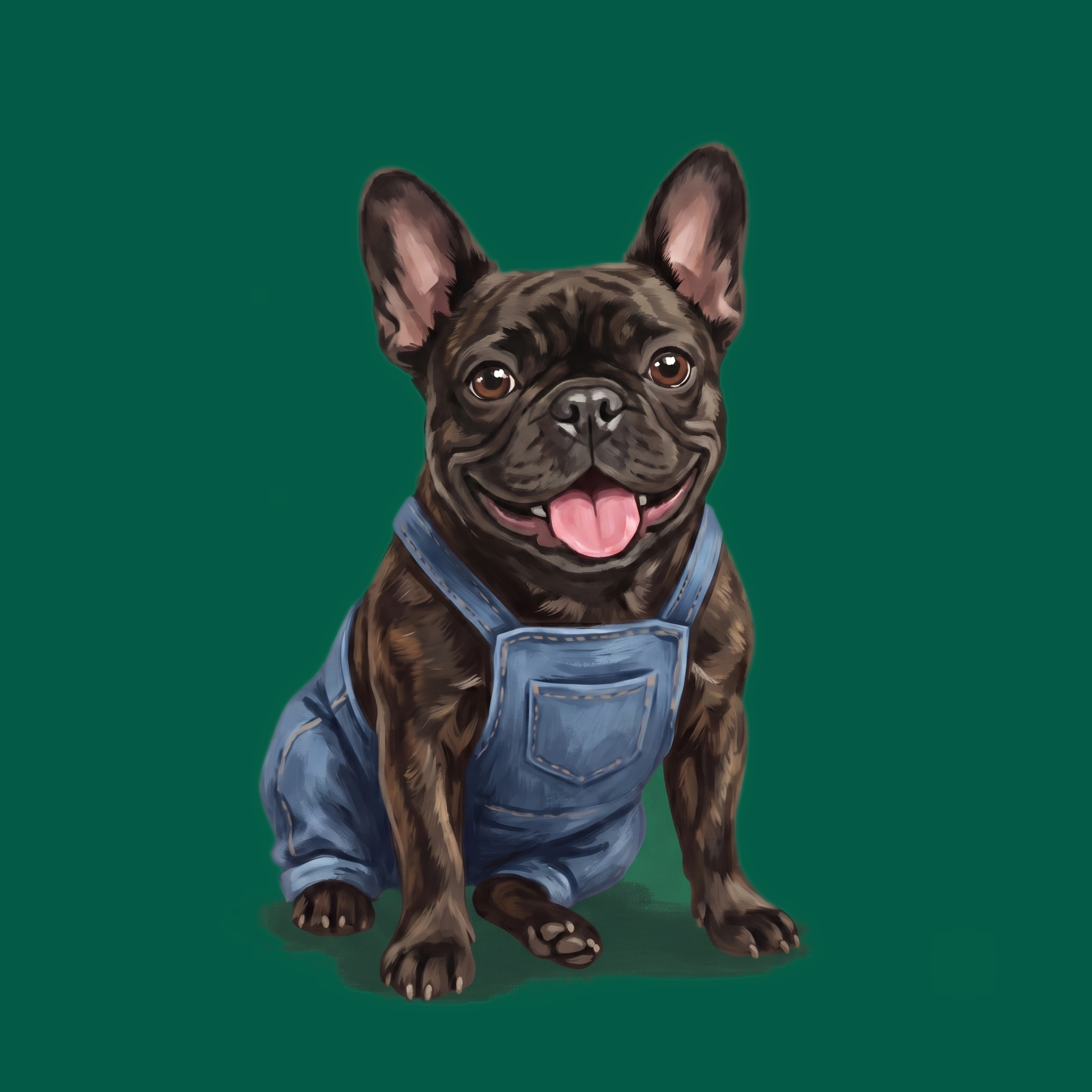 Draymond the French bulldog in his blue overalls, storybook illustration