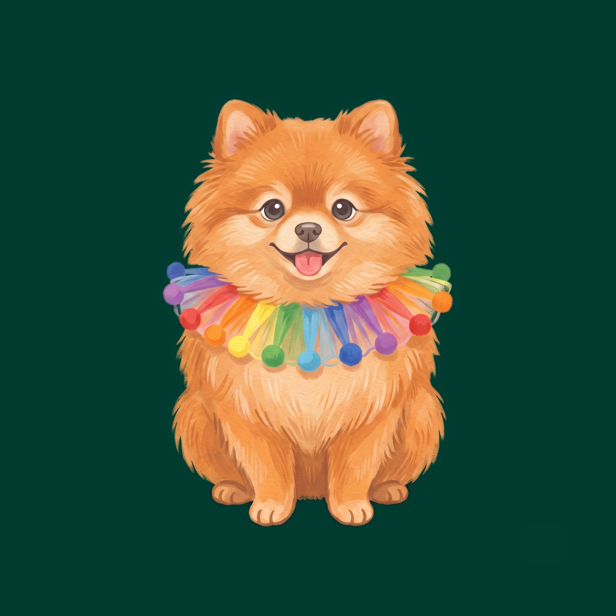 Foxcat the Pomeranian in her pompom party collar, floating on the green